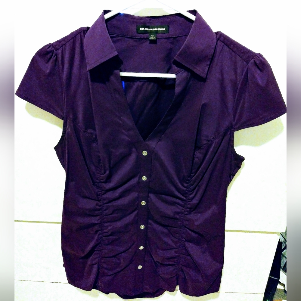 Express Design Studio Women's M Silver Button Down Cap Sleeves Office Top Blouse